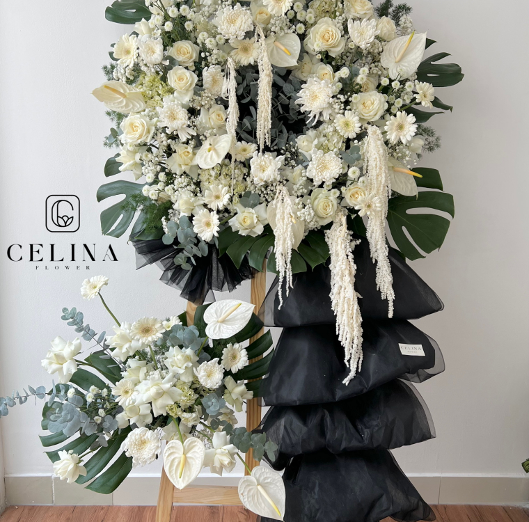 kệ hoa chia buồn tròn tone trắng